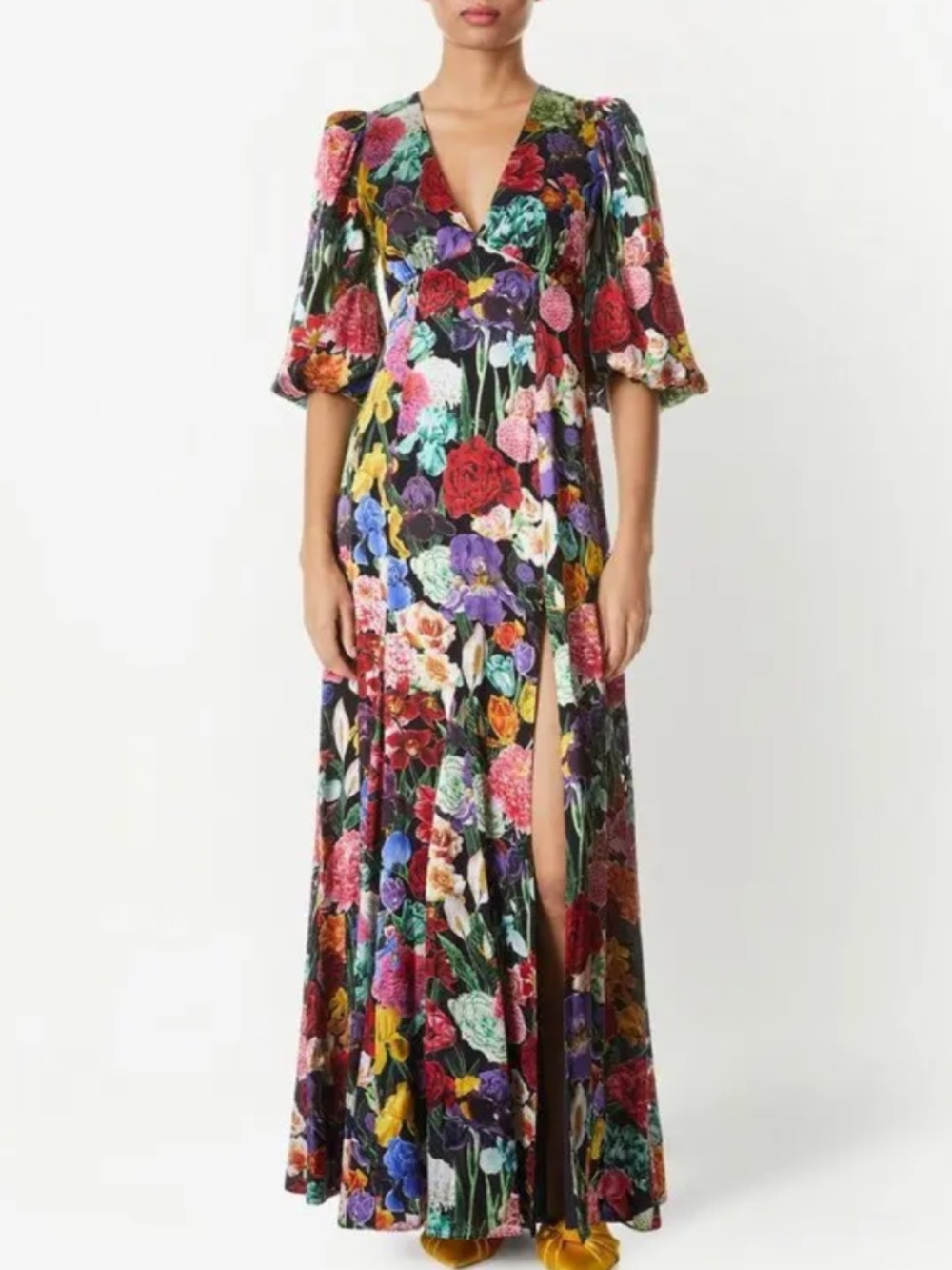 Alice + Olivia TULA Botanical Garden Black Floral Maxi Dress Silk - Size 2